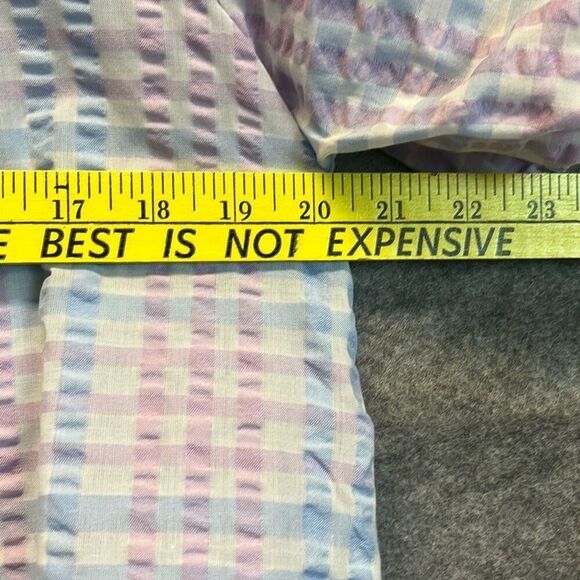 NWT LOFT Large Petite Blouse Puff Sleeve Gingham Pastel Blue Pink LP Tie Spring - Picture 10 of 16